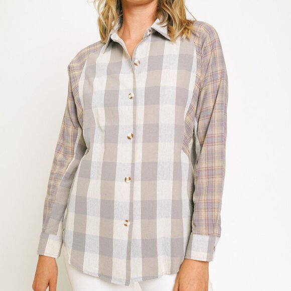 MYSTREE Plaid Button Down Shirt Neutral Beige Gray Oversized Casual Top - Picture 1 of 6